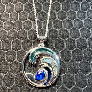 Wave Necklace with a Blue Crystal 18K White Gold Plated